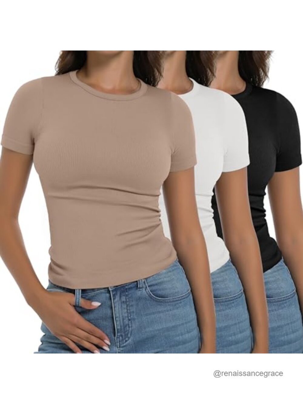 3 Pack Ribbed Slim Fit Crop Top Short Sleeve Crew Neck Gym Workout T Shirts